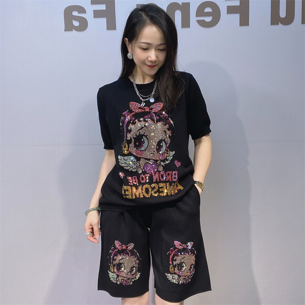 Summer Clothing Cartoon - Diamonds Cartoon Girl Black Sets Women
