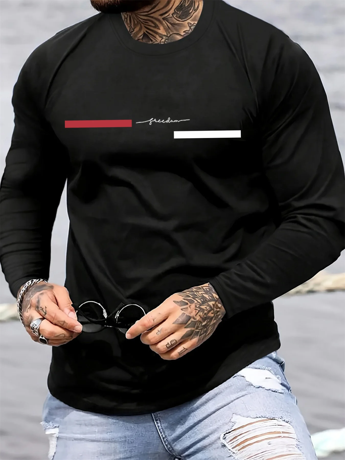 Red black Line men's long slee - Summer Clothing Trends 评论和价格